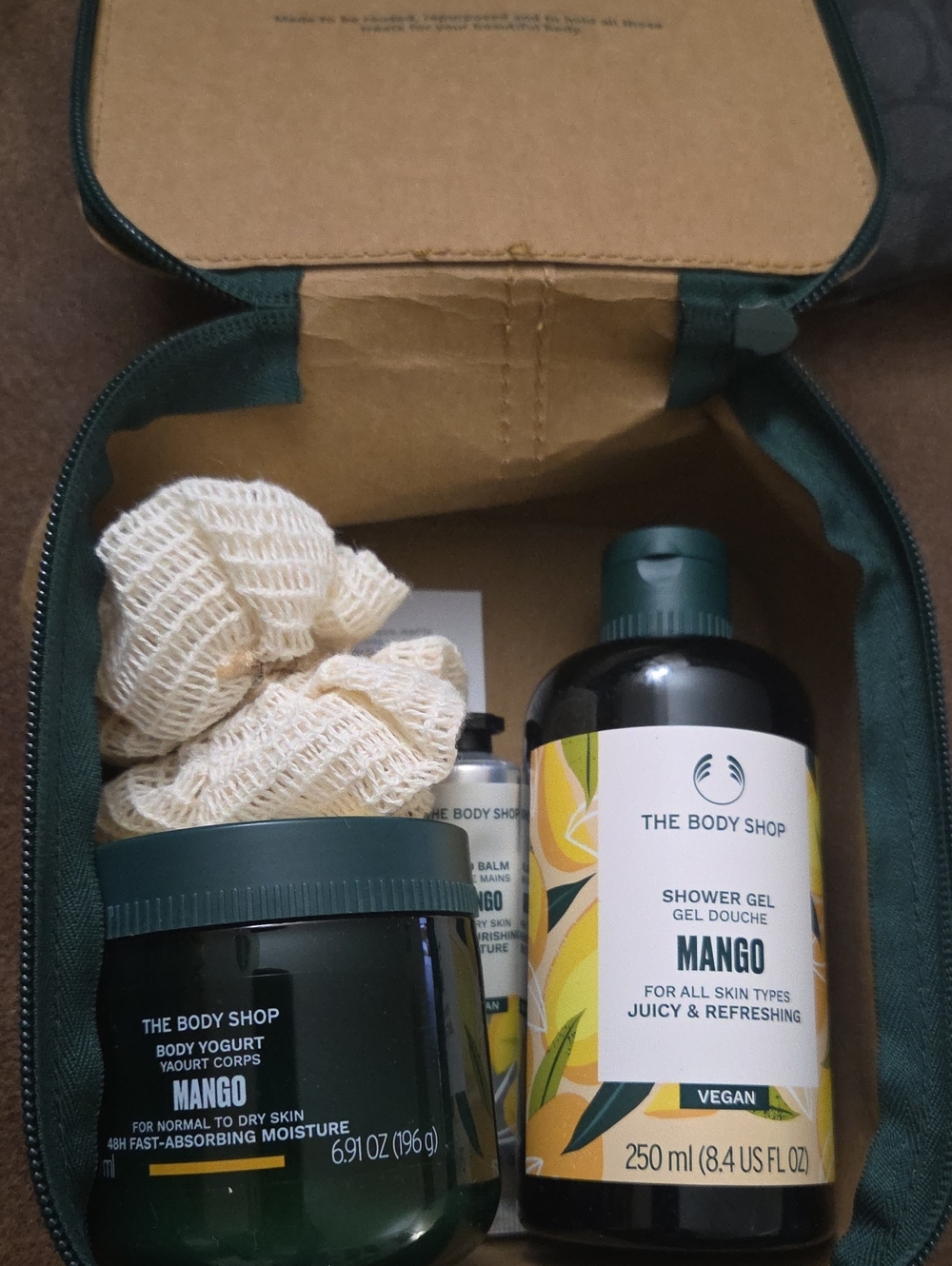 The Body Shop Mango Set. Vegan Shower Gel BodyYogurt Moisture Hand Balm sponge